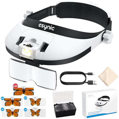 eSynic Gafas Lupa de Gran Aumento con 8 Leds Brillo Ajustable Blanco/Amarillo/Mixto, Lupa de Diadema con 5 Lentes 1x 1.5X 2X 2.5X 3.5X Batería Recargable 900mAh para Lectura, Manualidades, etc.