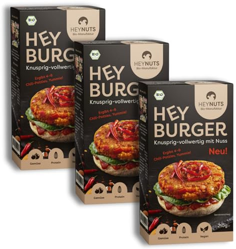 HEYBURGER Veganer Gemüseburger Chilligeschmack, 100% Natürlich, Bio zertifziert, hoher Proteingehalt, Manufaktur - Hoher Proteingehalt, Bio, Keine Zusatzstoffe, Lecker, Einfach und Schnell, 3x210g