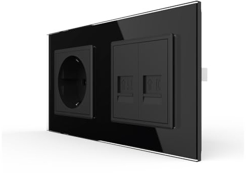LIVOLO Schuko Steckdose Wandsteckdose mit Telefon RJ11 und Netzwerkmodul RJ45 LAN Ethernet Datendose Anschlussdose inkl. Glasrahmen schwarz Unterputz