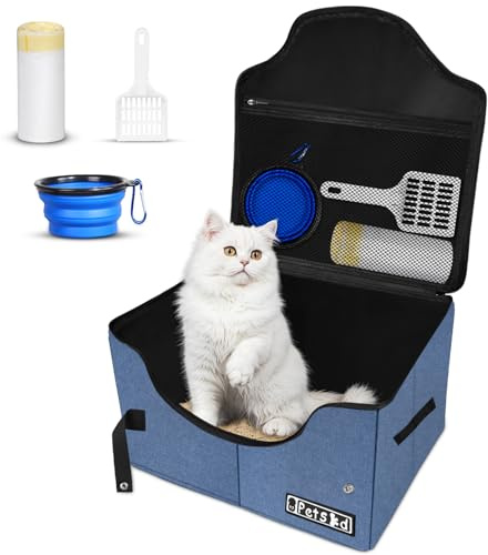 Petskd High Sides Portable Travel Litter Box for Cats with Lid, Blue