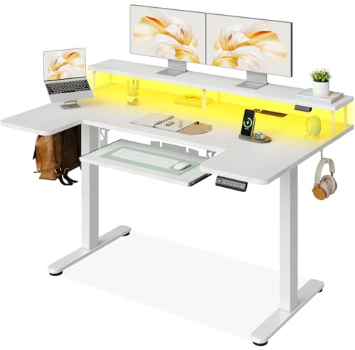 OffiGo Standing Desk, 140cm U Shaped Desk with LED Lights & Power Outlets