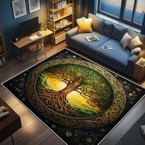 AevuCub Baum des Lebens Deko, Wikinger Teppich 120x160 Kurzflor, Teppich Wohnzimmer Lebensbaum, Weich rutschfest Waschbare Teppiche, Bettvorleger Schlafzimmer Kinderzimmer