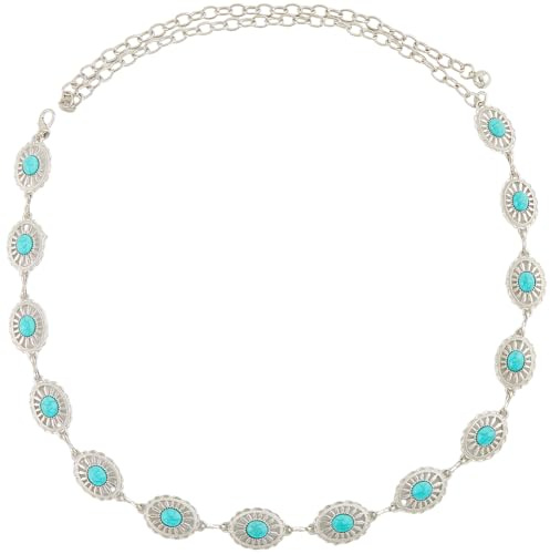 CABODYALS Turquoise Oval Chain Western Cowgirl Metal Silver Sparkly Adjustable Summer Belly Chain Link Belts Fashion Belt Jewellery Accessories for Women Dresses Wedding Bridal Party Birthday Club