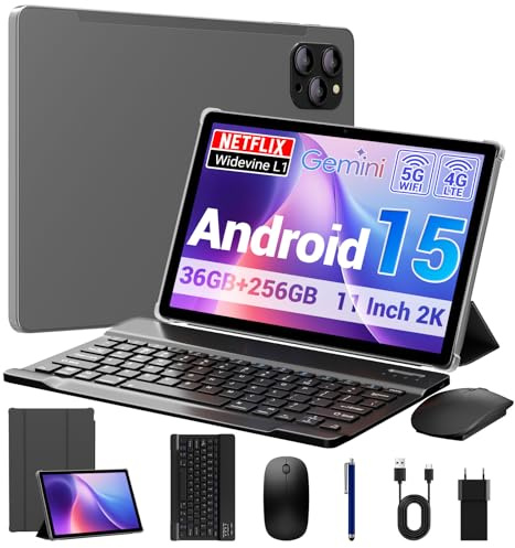 BEYNIVAN Tablette 11 Pouces Android 15 Tablette avec 4G LTE /5G WiFi,Octo-Core T615,36 Go+256 Go(2To TF),8000 mAh/2 W,16 MP+8 MP,Tablette Tactile avec Clavier,Gris