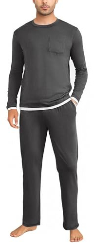 Litherday Pyjamas for Men Long Sleeve Cotton Winter Loungewear Sets Grey