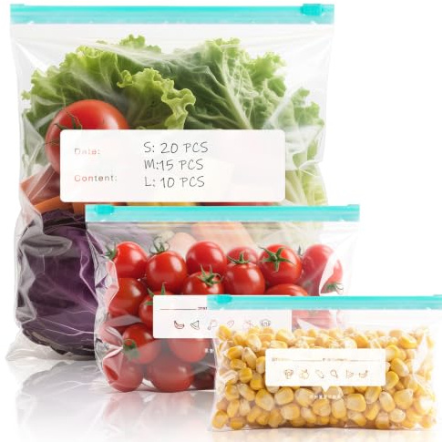 Freezer Zip Lock Bags, 45 Pcs Large Reusable Sandwich Bags Expandable Base | 3 Sizes (6L/1.7L/0.8L) Press and Seal Food Bags , Leak-Resistant, BPA Free for Fruits, Vegetables, Meat, Snack, Grains