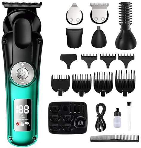 BESTBOMG Maquina de Cortar Pelo Hombre, 6 en 1 Cortapelos Hombre Recortador de Barba con Pantalla LED, Resistente al agua IPX6 Cortadora de Pelo de Orejas y Nariz Recargable Inalámbrico