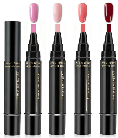 4Pcs Nail Polish Pens, 3 In 1 Gel Nail Polish Pen Set, Pink Red One Step Nail Varnish Pens, Quick Dry Nails Art Polish Pen Easy Apply for DIY Nails at Home, No Base Coat Needed, UV Lamp Required