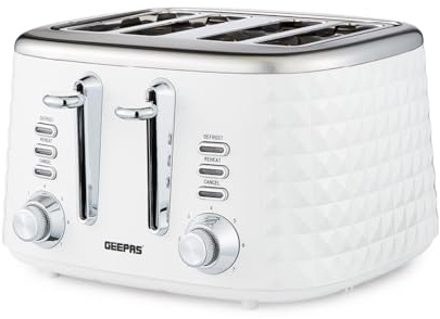 GEEPAS 4 Slice Toaster | 7 Browning Levels with Cancel Defrost Reheat | For Thin Small Bread Slice | 2 Independent Controls 2 Removable Crumb Trays High Lift 1750W White Argyle (Renewed)