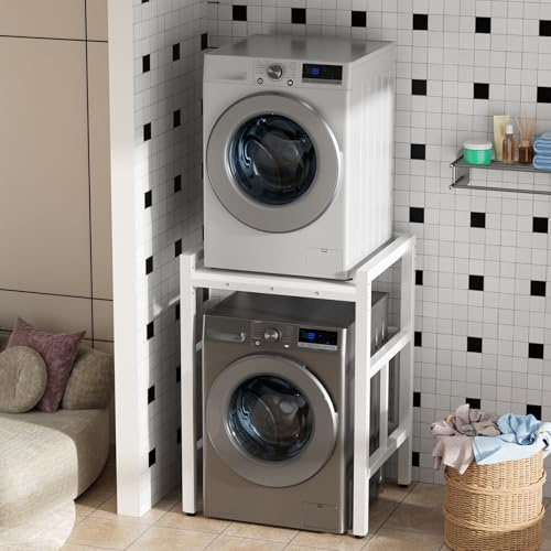 Washer Dryer Stack Stands,Over The Washer Storage Shelf, Height Adjustable Washing Machine Storage Stand, Washing Machine Storage Utility Rack with Countertop, Black (White)