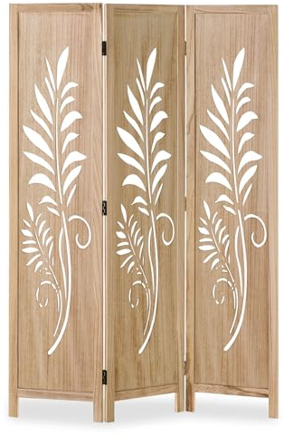 Homestyle4u Paravent 3-teilig Holz, Raumteiler Blätter Stil 170x120 cm, Trennwand mit floralem Muster Sichtschutz freistehend | Artikel 3035