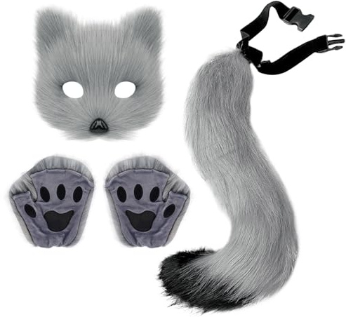 wolf kostüm maske hund fuchs ohren tierkostüme kinder,Halloween Erwachsene Inklusive Handschuhe Schwanz wolfsmaske Halskette, Größe Einstellbar Halloween Kos-tüm Wolfs für Karneval Themed Party