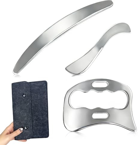 Gua Sha Edelstahl, 3 in 1 Gua Sha Set Lymphdrainage Massagegerät Faszienschaber für Muskelentspannung Fascia Massage Tool zum Reiben mit Filz Aufbewahrungstasche für Beine, Rücken, Gesicht, Nacken