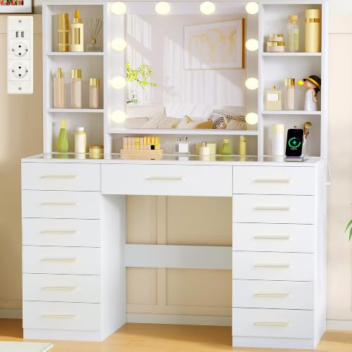 ANWBROAD Grande Coiffeuse avec Miroir LED,Luminosité Réglable,3 Couleurs