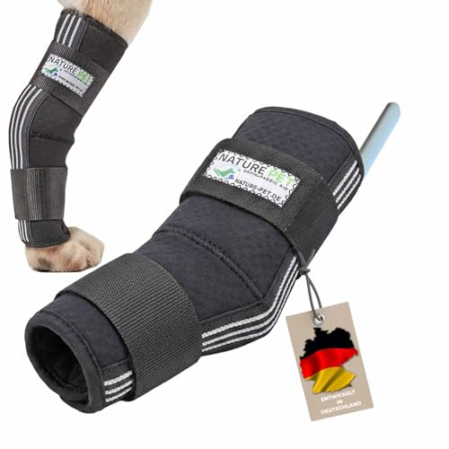 Nature Pet SPRUNGGELENK BANDAGE HUND HINTERBEIN – Sprunggelenk Bandage mit Leckschutz Hund – verstellbare Tarsal-Stulpen für Hunde zur Stabilisierung & Schutz des Hinterbeins – 165° Winkel/Größe XL