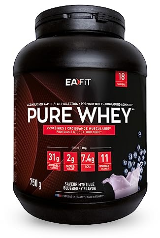 EAFIT Proteine in Polvere Whey 750 g Gusto mirtilli |31 g per Shaker Proteine | Whey Protein Concentrate e Isolate, BCAA + L-Glutammina + Taurina, Integratore per Massa Muscolare, 11 Vitamine