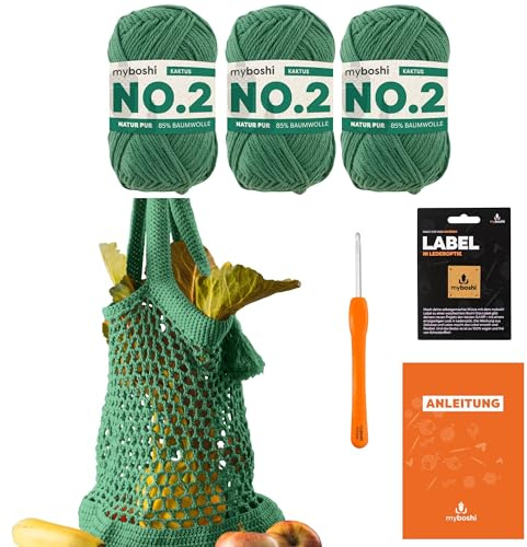 myboshi Häkelset Einkaufstasche noplasticbag, inkl. No.2 Wolle, Nadel und Anleitung, Häkelpaket, 85% Baumwolle, 15% Kapok Grün, mit Häkelnadel