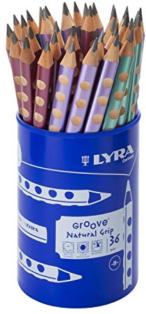 LYRA Groove Graphitstifte metallic lackiert Runddose Plastik 36 Stk. | Dreikant, Mine 4,3mm, Härtegrad B, Rechts- und Linkshänder, ergonomischer Naturgriff