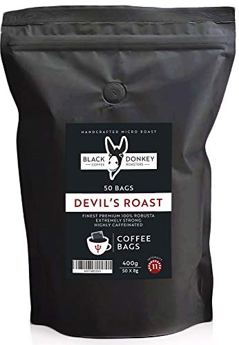 Black Donkey - 50 Coffee Bags (DEVIL'S ROAST) | Extra-Strong | Highly Caffeinated | Mix of Robusta Blends | Roasted In UK | Full-Bodied & Intense | Notes of nutty chocolate