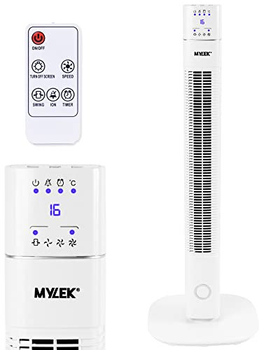 MYLEK Tower Fan 36 Inch Oscillating Slim Floor Standing Cool Air Circulator, Remote Control, Timer, Ioniser, Quiet, 3 Cooling Settings, Temp Display, Bedroom, Home Or Office (White)
