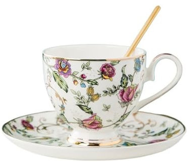 MOOWI Tazas Tazas Juego de Tazas de café Bone China, té de la Tarde Chino, Juego de té con Borde de Oro Simple, Tazas y platillos de té Negro inglés de cerámica Taza de café