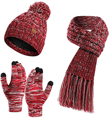 FEOYA Mütze Und Schal Damen Set Damen Strickhandschuhe Damen Wintermütze Damen Set Mit Bommel Strickschal Damen Rot