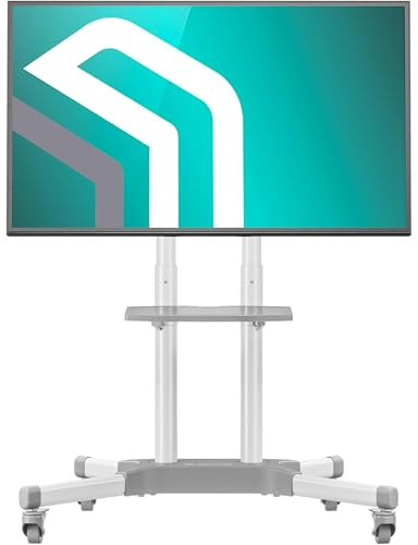 ONKRON Mobile TV Stand on Wheels for 32 - 65 Screen, Screen Trolley Wheels up to 45 kg, Television Trolley VESA 100x100-600x400, Height Adjustable Floor TV Stand with Shelf White TS1351-W