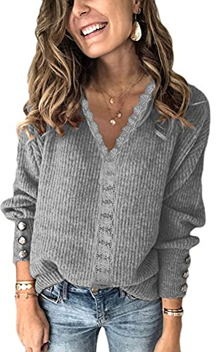 Tomwell Pull Tricot Femme Sweat-Shirt Tricoté Hiver Pullover Ajouré Grande Taille Col en V Manche Longue Casual Sweater Top Lâche Souple Chaud A Gris XL