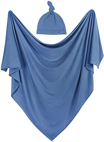 iEvolve Baby Puckdecke mit Hut Set Neugeborenen Wickeln Wickeln Wickeldecke Empfangen Decken für Baby Mädchen Jungen 114 * 114cm (Safhir Blau)