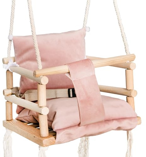 Gallergunga babygunga för att hänga upp gunga för småbarn, spännrem från 12 månader, trä, inomhus, utomhus, 18026, färg: rosa/rosa