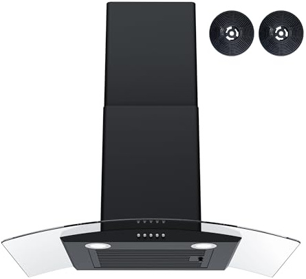 FIREGAS Wall Mount Range Hood 30 inch with 3 Speed Fan,black range hood with tempered glass,400CFM,Push Button Controls, LED Lighting, Permanent Filters in Stainless Steel,includes 2 Charcoal Filters