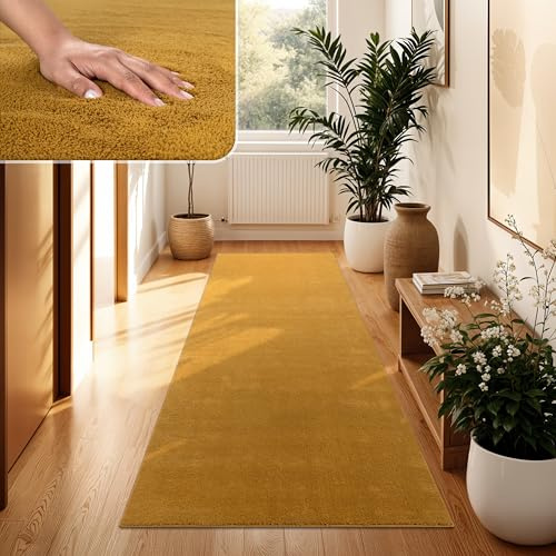 Paco Home Moderner Kuscheliger Wohnzimmer Teppich Kurzflor waschbar flauschig Weich Einfarbig Felloptik zeitlos stilvoll rutschfest pflegeleicht, Grösse:80x300 cm, Farbe:Gelb