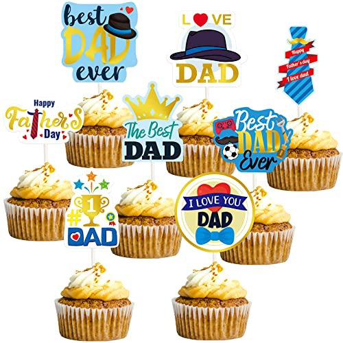 48pcs Father's Day Cupcake Toppers Gold Foil Best Dad Birthday Cake Toppers Picks Party Decorations