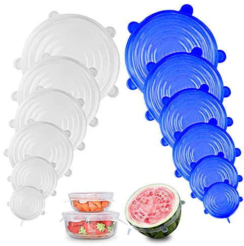 Firschoie 12 Pezzi Coperchio in silicone estensibile di diverse dimensioni, Riutilizzabile e permanentemente espandibile, per barattoli, ciotole, bottiglie (Bianco Blu)