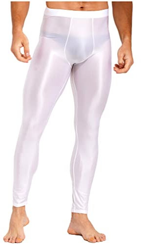 YiZYiF Herren Öl Glänzend Leggings Sport Glossy Glatte Nylon Strumpfhosen Hose Stretch Sport Kompressionshose Fitness Laufhose Unterhose Weiß M