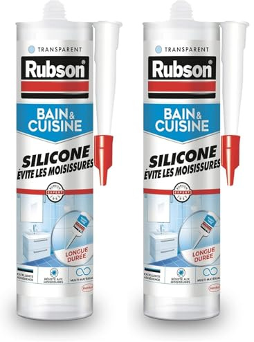 Rubson Bain & Cuisine Mastic Silicone Anti-Moisissures Transparent, mastic sanitaire à base de silicone, mastic étanche renforcé en antifongique, 280 ml (Lot de 2)