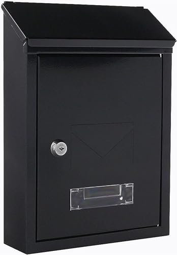 Buzón de Pared Correo con Tapa Antilluvia, Buzón de Exterior de Metálico con Cerradura y Llaves, Buzón Impermeable de Gran Capacidad para Cartas, Fácil de Instalar (30x21.7x7cm, Negro)