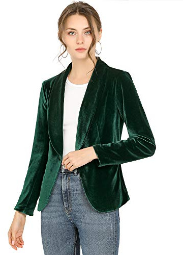 Allegra K Damen Velvet Blazer Einfarbig Schalkragen Knopf Samt Büromantel Grün XXL