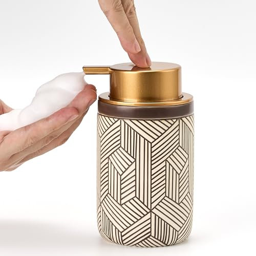 GIRLUFO Brown Foaming Soap Dispenser,Ceramic Foam Soap Dispenser for Bathroom&Kitchen,12oz Foam Dispenser with Plastic Gold Pump(Unique&Modern)