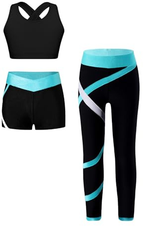 TiaoBug Mädchen Sport BH Jogginghose Sport Leggings Yoga Hose Trainingshose Sportlich Bustier ohne Bügel Yoga Fitness Training Bekleidung Set Blau Grün ZC 134-140