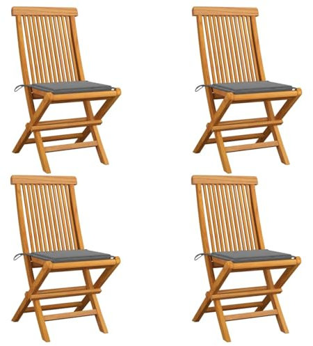 Gecheer 4 STK. Gartenstühle mit Grauen Kissen Klappsesseln Armlehnstühle Balkonstühle Gartenstuhl Garten Essstühle Campingstuhl Klappstuhl Gartenmöbel Holzstuhl für Garten Terrasse,Massivholz Teak