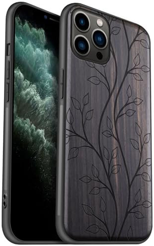 Carveit Coque en Bois pour iPhone 11 Pro Étui Protection Artistique Cover TPU Souple de téléphone Antichoc Compatible avec Apple 11 Pro Etui (Bois Sombre-L'essence du Feuillage)