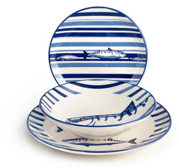 H&H Puerto Servizio Tavola 18 Pezzi in Stoneware – Set Piatti Decorati Blu e Azzurro con Motivo Pesce – Lavabile in Lavastoviglie, Perfetto per Estate, Case al Mare e Cene a Tema