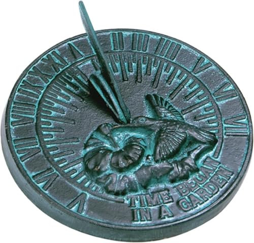 ANTIQUEMEDIEVAL Sonnenuhr aus Gusseisen mit Grünspan-Oberfläche, Kolibri-Sonnenuhr, 25,4 cm Durchmesser