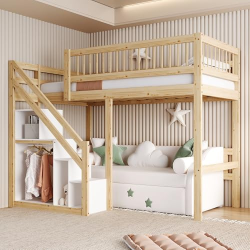 KecDuey Hochbett,Massivholzbett 90 x 200cm,Treppe mit Aufbewahrungsschrank, Kinderbett, Jugendbett, Einzelbett, Massivholzrahmen, hohe Ausführung (Holzfarbe)