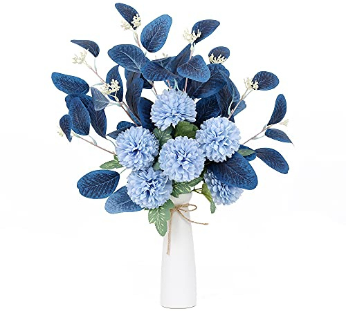 INSUNSIX Blå konstgjorda blommor för dekoration, blå fuskblommor, bukett för vas, krysantemum, silkesblommor för heminredning, inomhus, bord, bordsuppsatser för matsal (utan vas, mörkblå)
