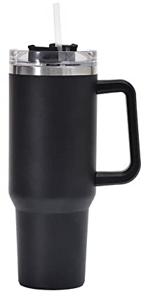 Mug Isotherme Avec Paille Gobelet Personnalisé De 40 Oz Avec Poignée, Tasse Isolée Couvercles En Paille, À Café Acier Inoxydable, Flacons Sous Vide For Voiture Mug Isotherme Personnalisé(Black)