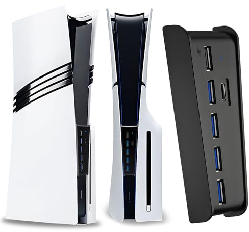 6 Port USB Hub für PS5 Pro & Slim Console Disc/Digital, High-Speed Extra Ports für PS5 Slim Pro Zubehör, Hub Ladegerät Splitter Adapter mit 4 USB 2.0 + 1 USB Ladeanschluss +1 Typ C 3.1