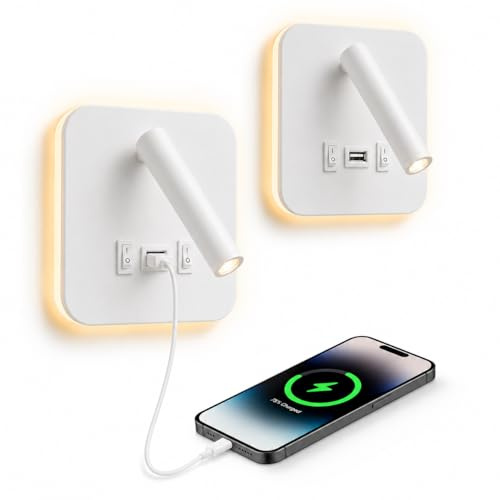 2Pcs Lámpara de Pared LED, Aplique de LED Luz de Lectura con Interruptor y puerto de carga USB,Luz de Lectura Junto a la Cama, Aplique de Pared Cabecera Ajustable Para Dormitorio Escaleras Salas