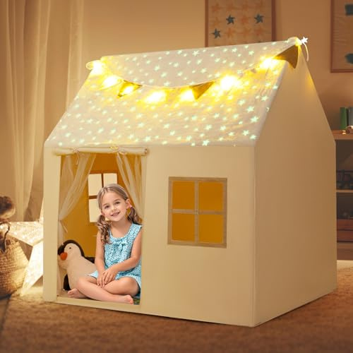GOPLUS Spielhaus Kinder Indoor, Spielzelt mit gepolstertem Teppich, Stern-Lichterkette, phosphoreszierendem Stoff, Fähnchen & 2 Fenstern, Kinderspielhaus mit Vorhang für Kinder ab 3 Jahren (Beige)